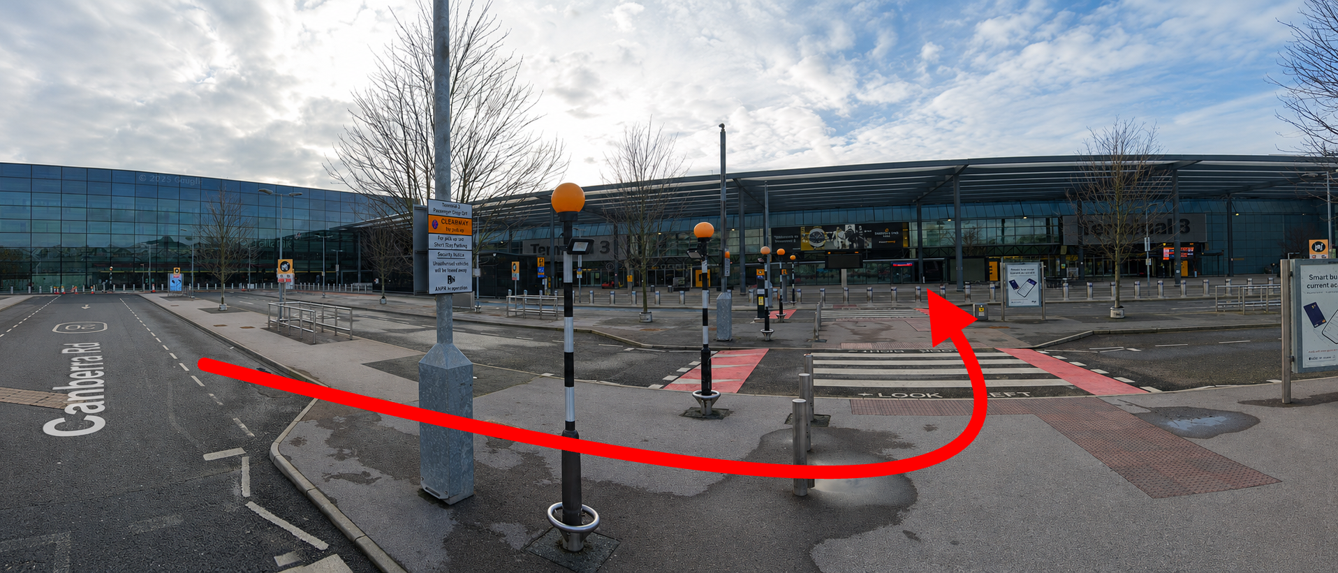 Annotated route arrow from Canberra Road toward the London Heathrow Airport Terminal 3 main entrance