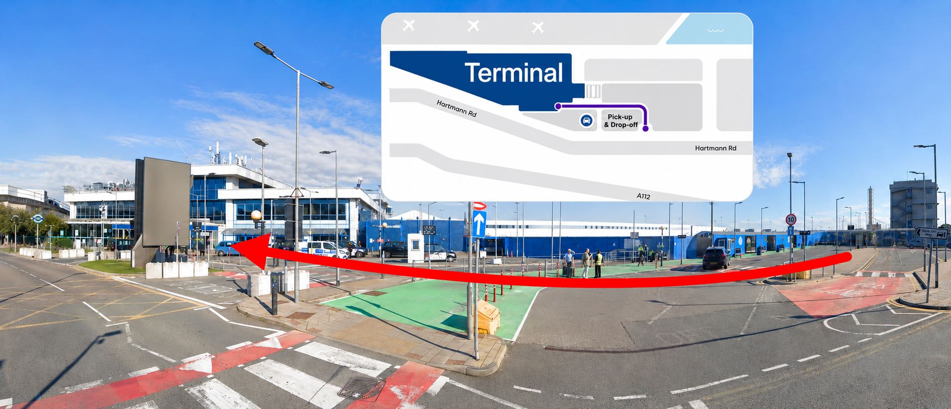 Route map and instructions for the London City Airport pickup and drop-off zone beside the terminal entrance
