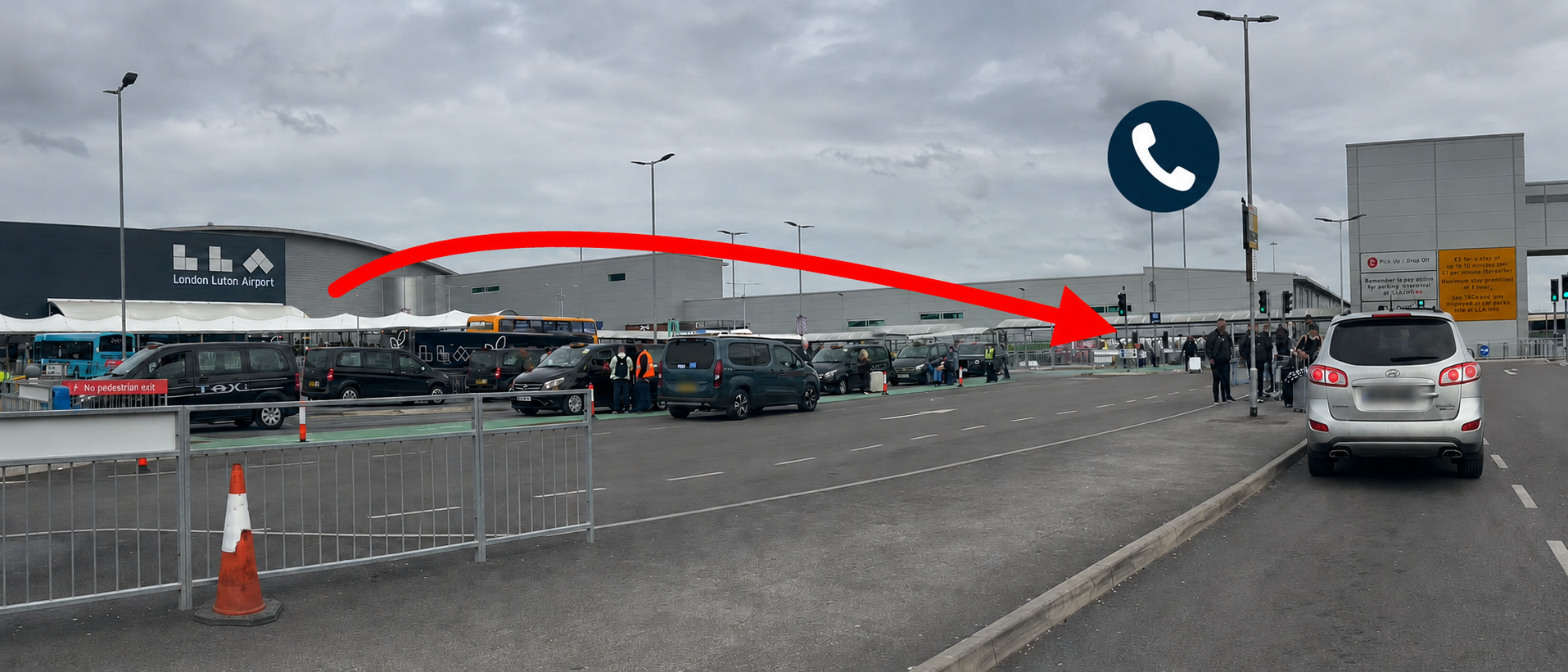 Annotated route tracking arrow showing the pedestrian footpath from the London Luton Airport terminal entrance back to the Express Pick Up Zone for passenger collections