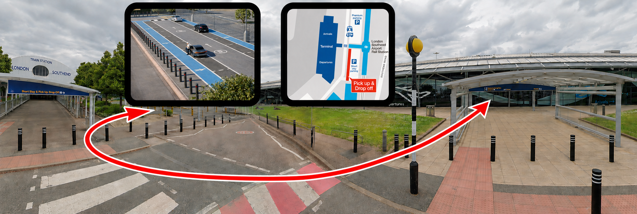 Route to the London Southend Airport Express Pick-up and Drop-off area opposite the terminal