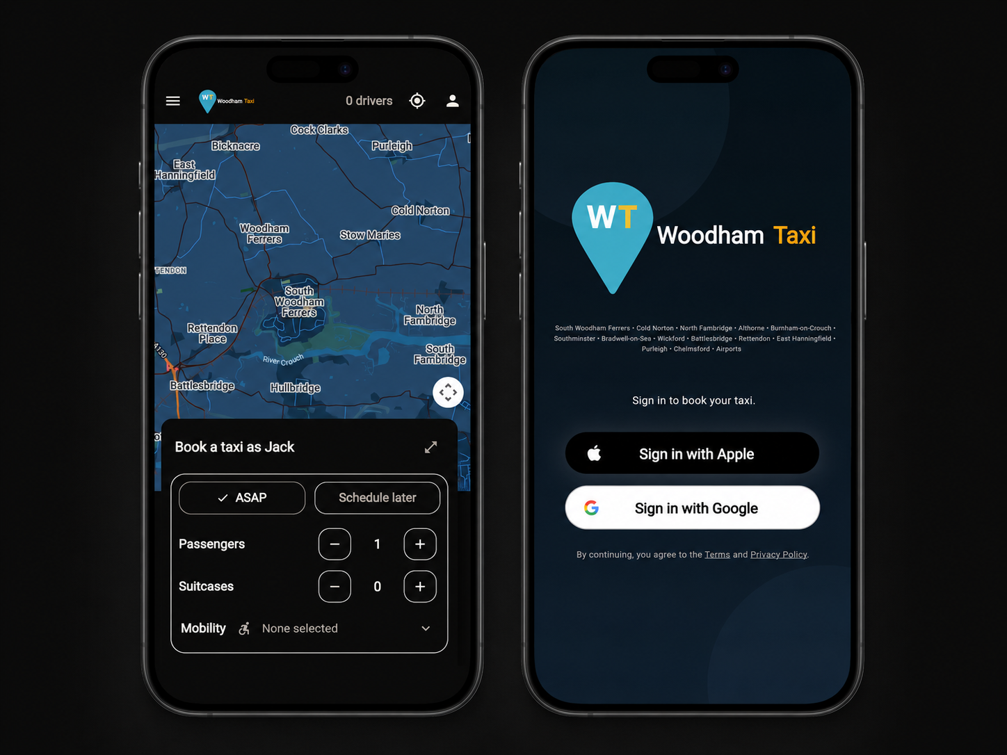 Woodham Taxi app booking screens